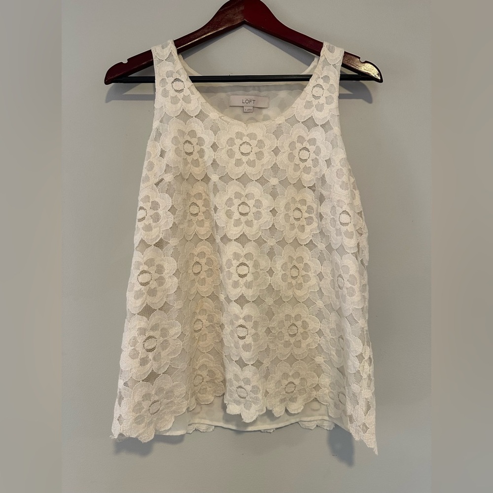 LOFT Ivory Tank Top with Scalloped Floral Lace Overlay